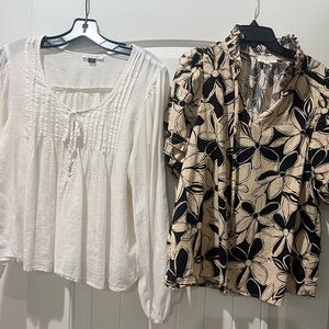American Eagle Outfitters White Peasant Blouse & Black-Tan Floral Button Top